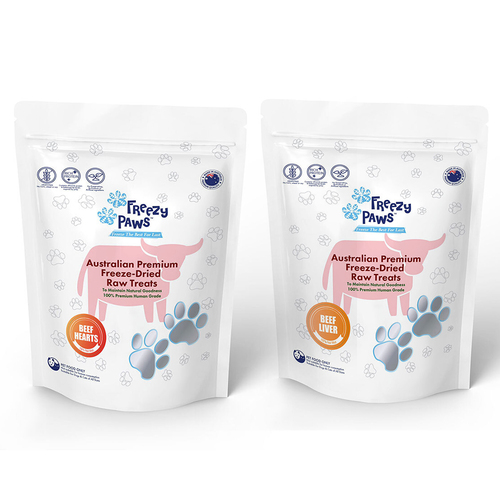 Freezy Paws 100g  Pets Cat Dog Freeze Dried Beef Heart & Liver Raw Treats Combo