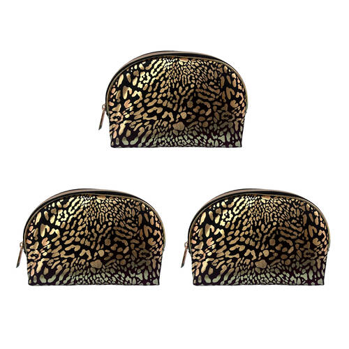 3PK Frankie & Me Women's Zip Makeup Cosmetics Toiletry Bag 22.5x13cm Black Leopard