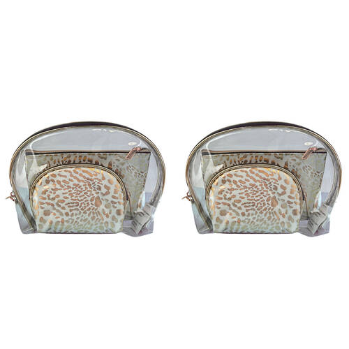 2x 3pc Frankie & Me Womens Zip Cosmetics Makeup Toiletry Bag Set White Leopard