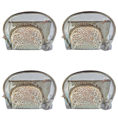 4x 3pc Frankie & Me Womens Zip Cosmetics Makeup Toiletry Bag Set White Leopard