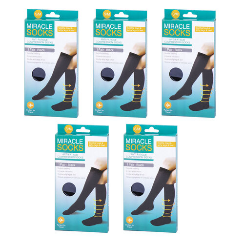 5PK Miracle Anti Fatigue Compression Socks Pair M Black