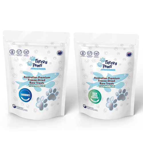 Freezy Paws 50g  Pets Cat Dog Green Lipped Mussels & Whole Sardines Raw Treats Combo