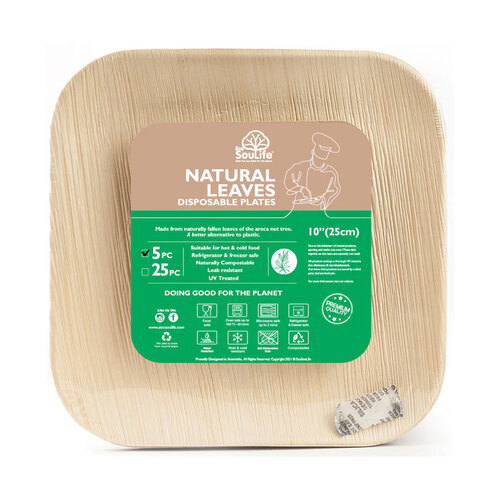 5pc Eco SouLife Compostable Areca Nut Leaf Large Square Plates 25cm
