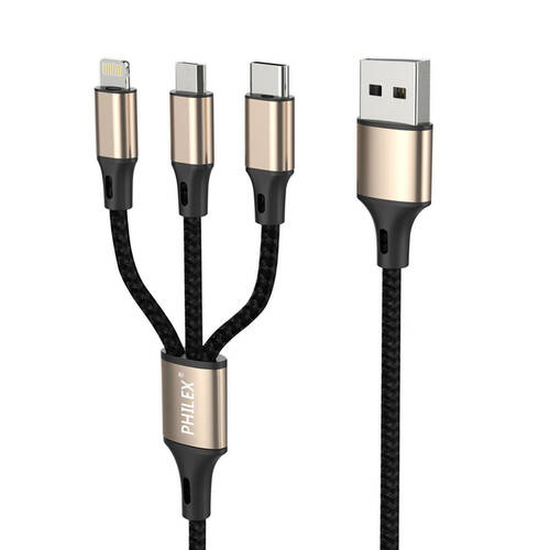 Philex 3-In-1 8 Pin USB-C Micro USB Charging Cable - Gold