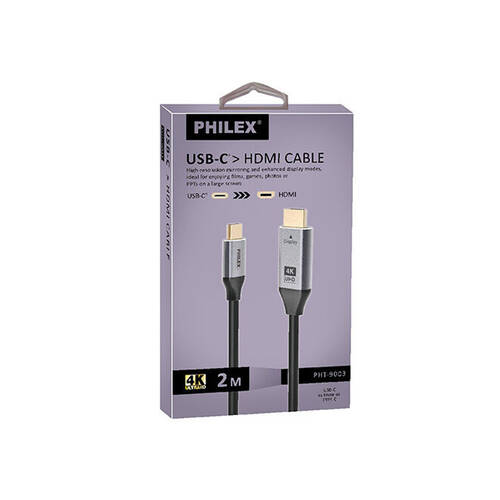 Philex USB-C to HDMI Cable 4K UHD Compatible for Laptop TV Phone 2m Black 