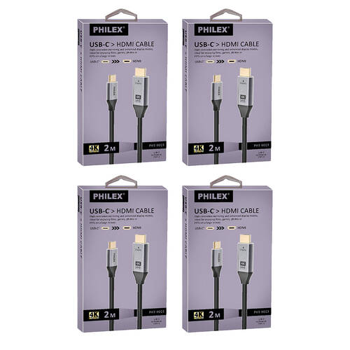 4PK Philex USB-C to HDMI Cable 4K UHD Compatible for Laptop TV Phone 2m Black 