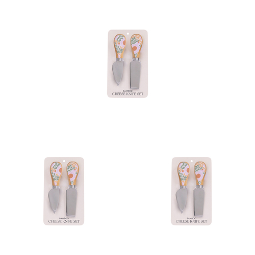 3x 2pc Splosh Picnic Spring Floral Cheese Knife Set Bamboo Handle 13x2.5cm