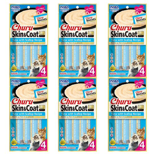 6PK Inaba Churu Skin & Coat Tuna w/ Scallop Recipe Cat/Kitten Pet Food