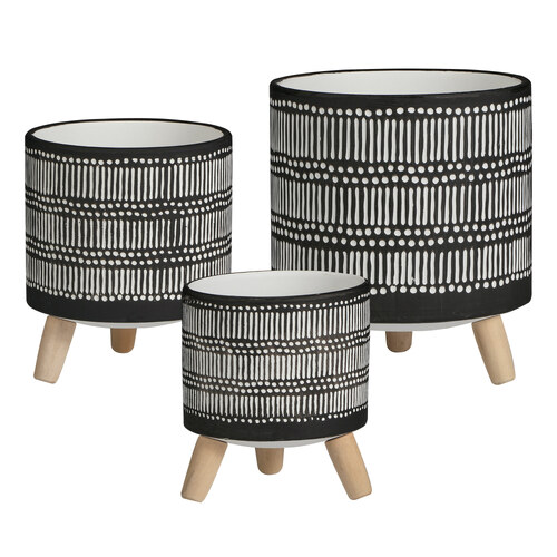 3pc Cooper & Co. Nested White Stripe Terracotta Outdoor Gardening Pots