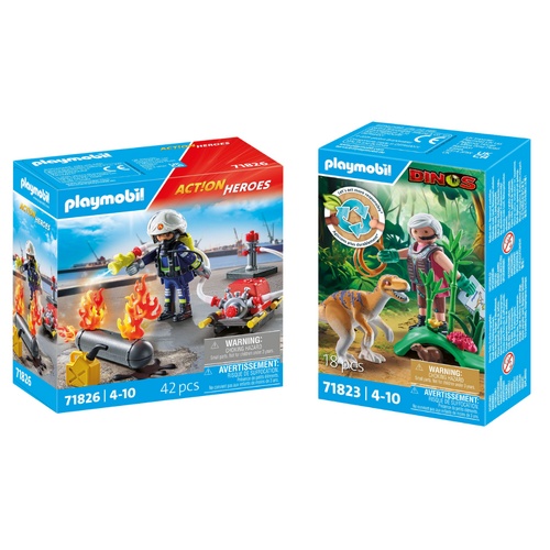 2pc Playmobil Firefighter w/ Water Pump & Velociraptor Toy Combo Set 4y+