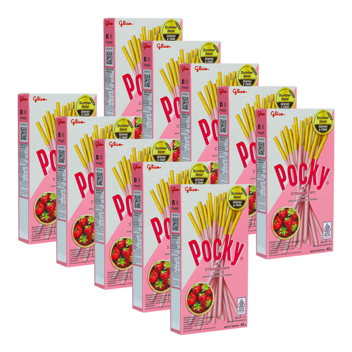 10PK Glico Pocky Strawberry Flavoured Biscuit Snack Sticks
