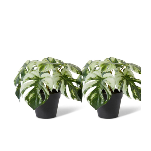 2PK E Style 30cm Monstera Marble Artificial Potted Plant - Green/White