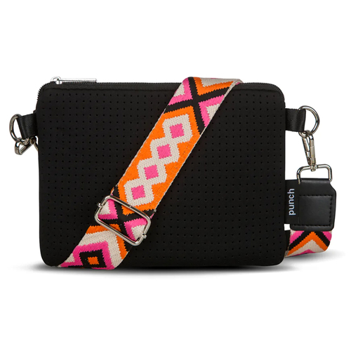 Punch Handbag Neoprene Small Crossbody Bag Black w/ Orange And Pink Strap