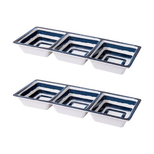 2PK Prepara Three Section Tray Coastal Stripe Kitchenware Melamine - White/Blue