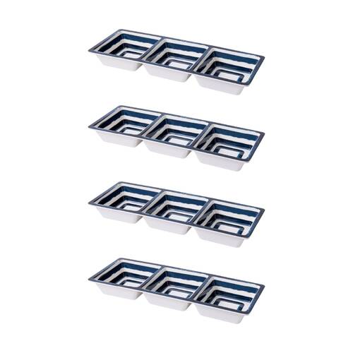 4PK Prepara Three Section Tray Coastal Stripe Kitchenware Melamine - White/Blue