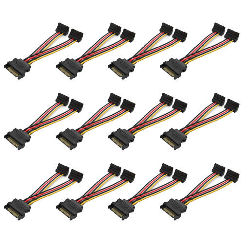 12PK Cruxtec SATA Power Splitter Cable 15pin Male to 2x Female 90Deg 20cm Black