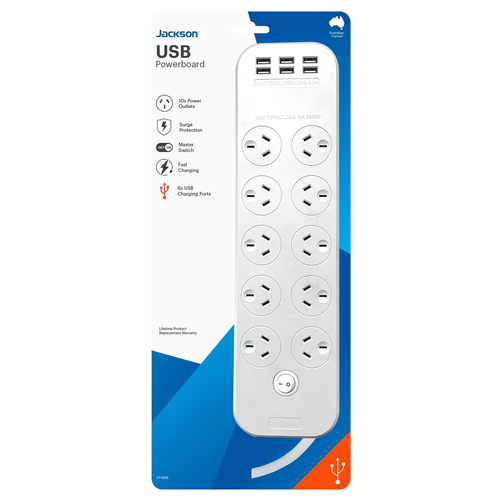 Jackson Powerboard w/ 10 Outlets & USB Charging Port - White