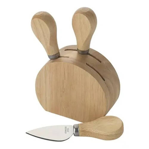 4pc Bon Appetit Stainless Steel Cheese Knife w/ Wood Block Set