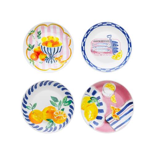 4pc Porto Porcelain Positano Round Side Plates 20cm Assorted Designs