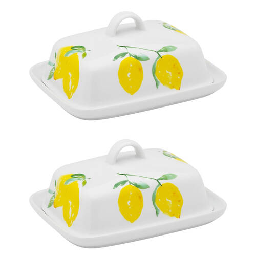 2PK Porto Porcelain Limone Kitchen Butter Storage Holder Dish Multi-Coloured