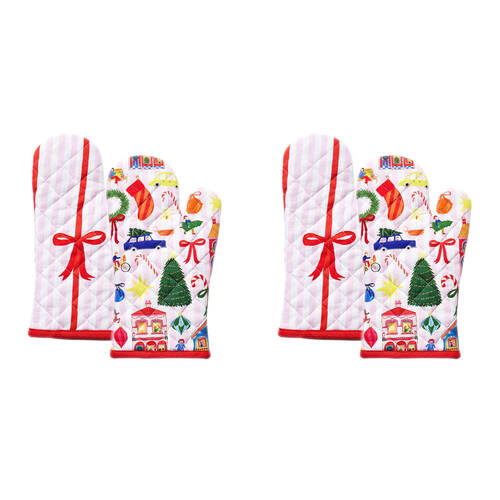 2x 2pc Porto 100% Cotton Night Before Oven Mitts 32x18cm Multi-Coloured