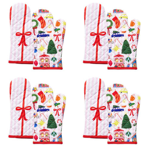 4x 2pc Porto 100% Cotton Night Before Oven Mitts 32x18cm Multi-Coloured