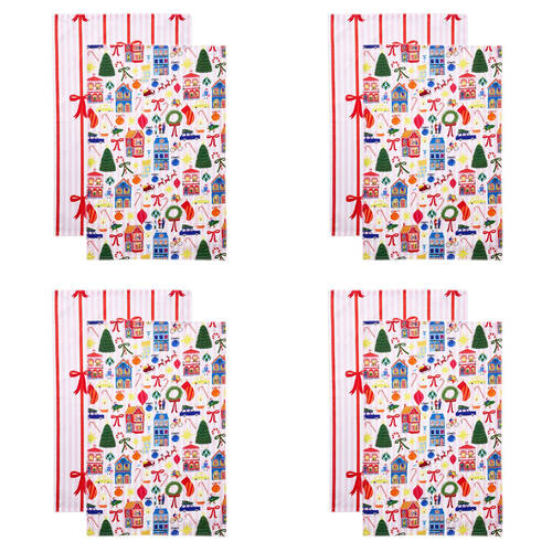 4x 2pc Porto 100% Cotton Night Before Tea Towels 45x70cm Multi-Coloured