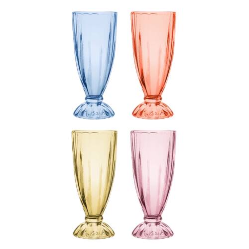 4pc Porto Soda Lime Glass Dessert Milkshake Cups 340ml Citron, Ruby, Sky, Rose