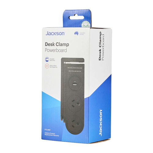 Jackson 19cm Desk Clamp Power Board 2-Outlet - Black