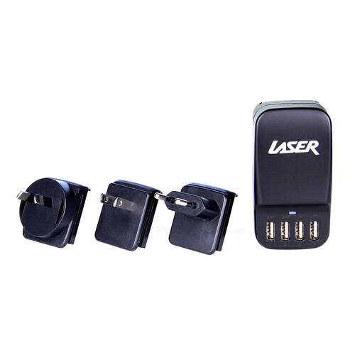 Laser Quad USB Travel Charger W/ 3 International Plugs - Black