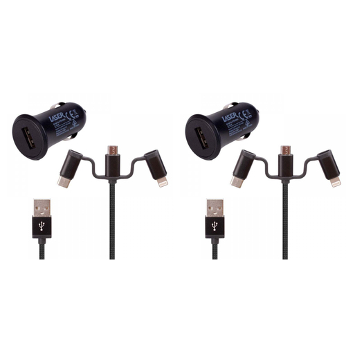 2PK Laser 2.4A USB Car Charger w/ 3in1 Charging Cable 50cm - Black
