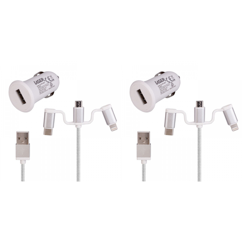 2PK Laser 2.4A USB Car Charger w/ 3in1 Charging Cable 50cm - White