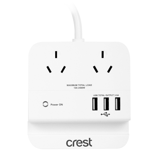 Crest 2-Socket Outlet Power Hub w/ 3x USB-A Ports - White
