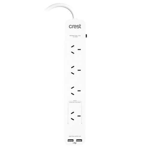 Crest 4-Socket Power Board Strip w/ 2x USB-A Ports - White