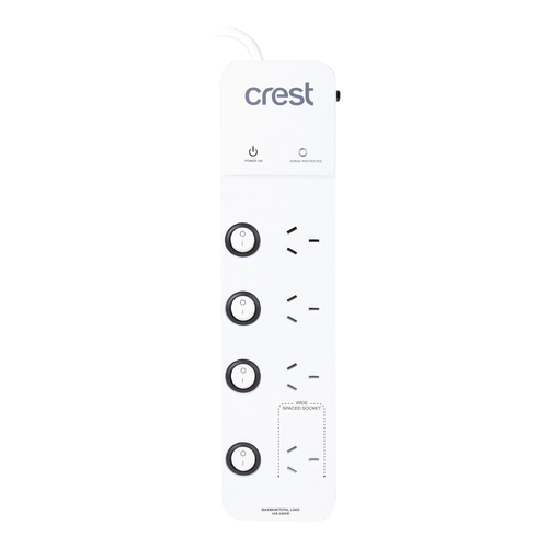 Crest Surge Protected 6-Socket Power Board w/ 6 Individual Switches - White