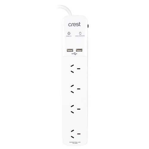 Crest 4-Socket Power Board Surge Protected w/ 2x USB Ports - White