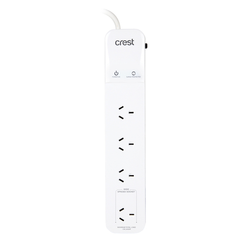 Crest 4-Socket Surge Protected Power Board w/ 1.2m Cable - White