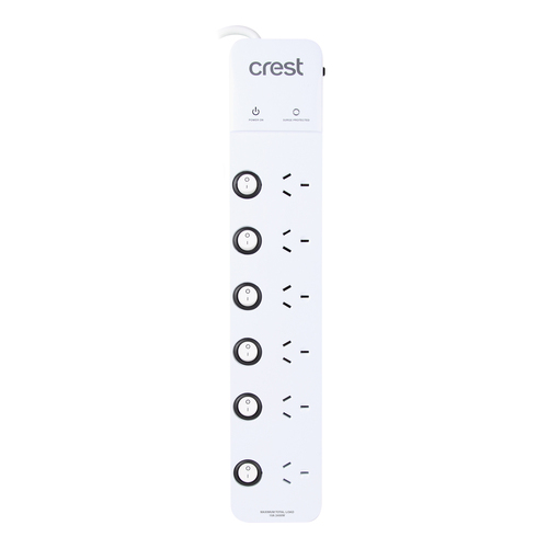 Crest Surge Protected 6-Socket Power Board Strip w/ 6 Switches - White
