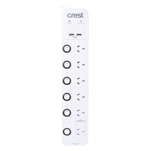 Crest Surge Protected 6-Socket Power Board w/ 6x Switches/2x USB-A Ports