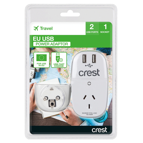 Crest EU USB Travel Adaptor 1 Socket 2 Ports