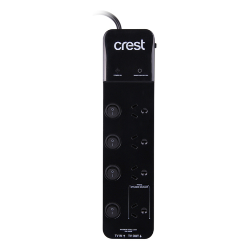 Crest TV Surge Protected 4-Socket Power Board w/ 4 Switches - Black