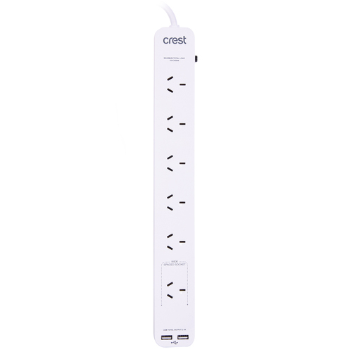 Crest 6-Socket Power Board Strip w/ 2x USB-A Ports - White