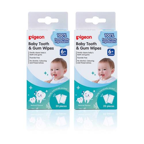 2x 20pc Pigeon Baby Tooth & Gum Wipes Flouride Free Sterilised Sachets 6m+