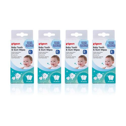 4x 20pc Pigeon Baby Tooth & Gum Wipes Flouride Free Sterilised Sachets 6m+