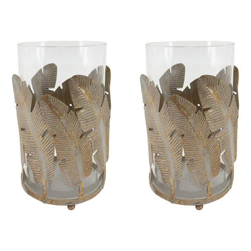 2PK LVD Metal Glass 19.5cm Pillar Candle Holder Banana Leaf - Gold