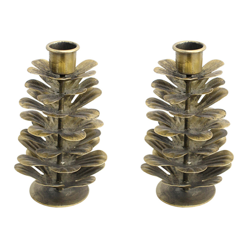 2PK LVD Metal Pinecone 15cm Taper Candle Holder Large - Gold