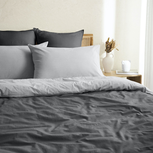 Tontine King Bed Reversible Vintage Stripes Cotton Quilt Cover Set Dark Coal