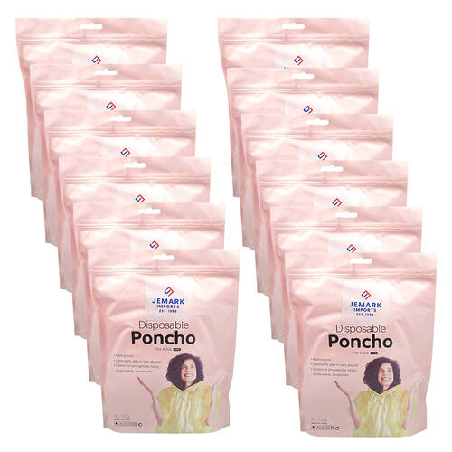 12x 5pc Jemark Adult Disposable Waterproof Poncho Rain Cover 100x127cm Assorted