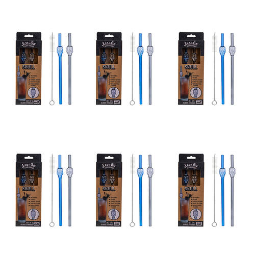 6x 2pc Eco-To-Go Glass Straw Skull Heart Shaped Reusable with Cleaner Set