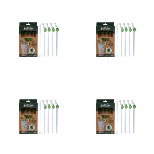 4x 4pc Eco-To-Go Glass Straw Turtle Heart Shaped Reusable with Cleaner Set